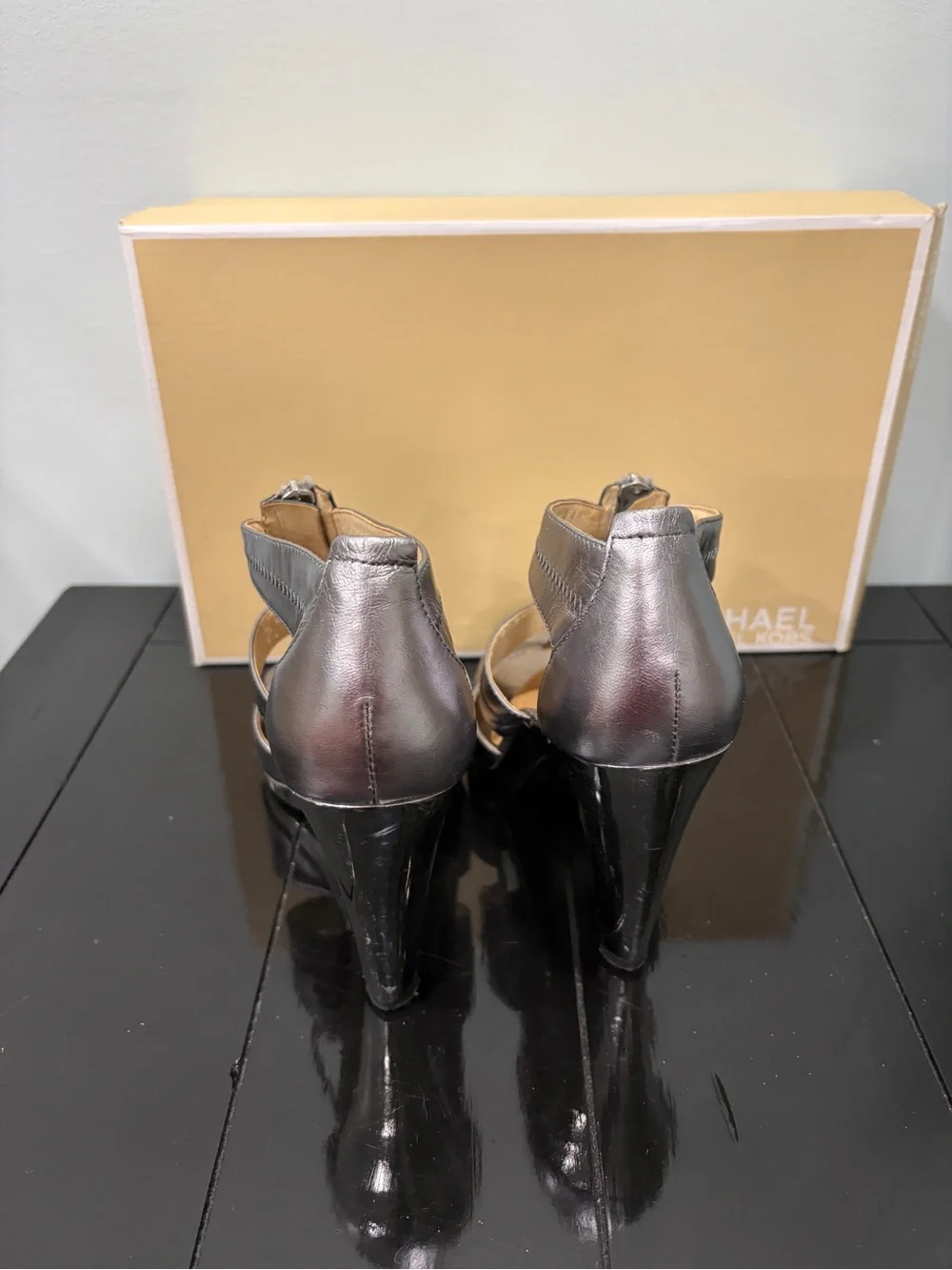 Michael Kors Metallic Pewter Zip-Front High Heel Sandals
